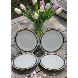 Set of 4 Noritake Blue Dawn 6611 Dinner Plates 10 1/2” Japan Gold Trim Excellent